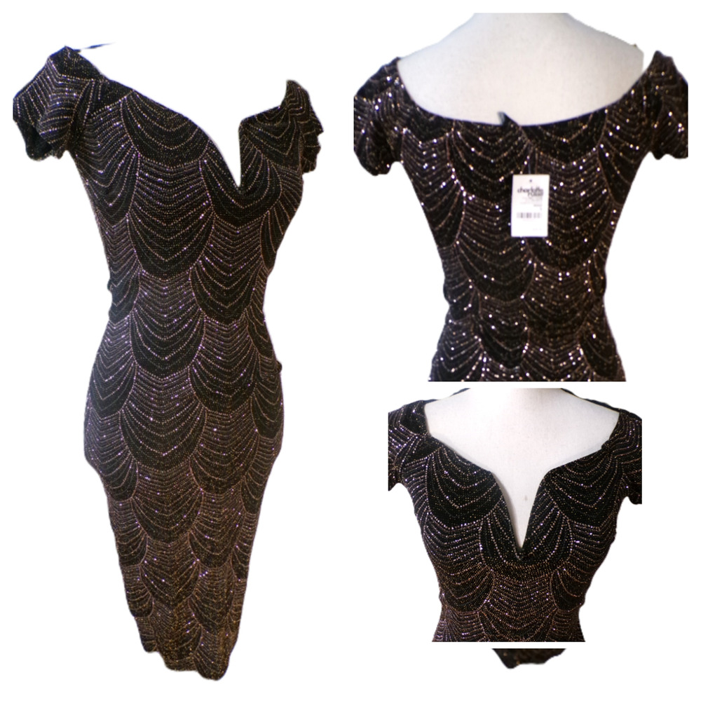 Privy Black Wire Plunge V Neck Midi Dress L Gold Sparkles Prom Romantic Witchy